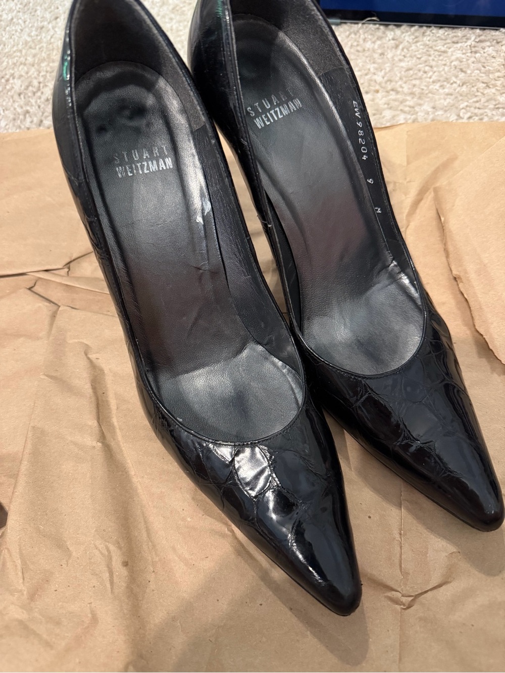 Stuart Weitzman Black Patent Croco Pointed-Toe Pumps